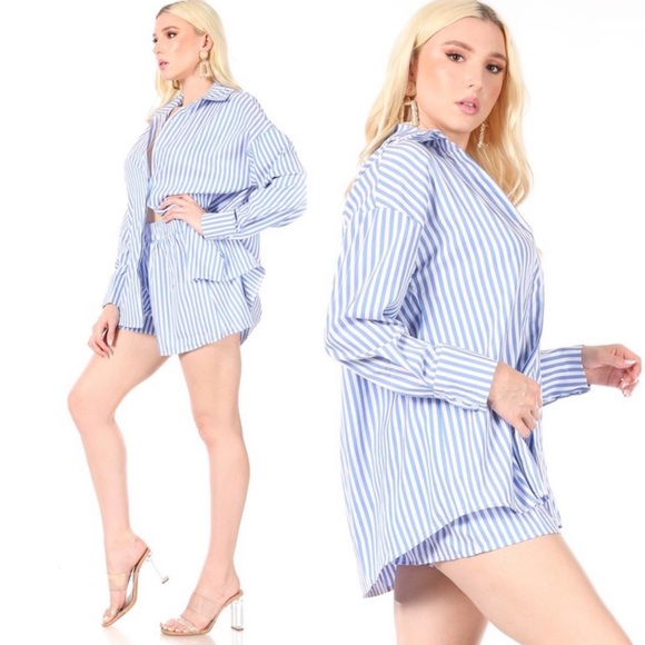 Striped button down long sleeve top with matching shorts set - Picture 2 of 9